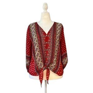 WEST KEI | Pre-Loved Talina Tie Front Blouse – Southwest-Inspired Print (Size L)